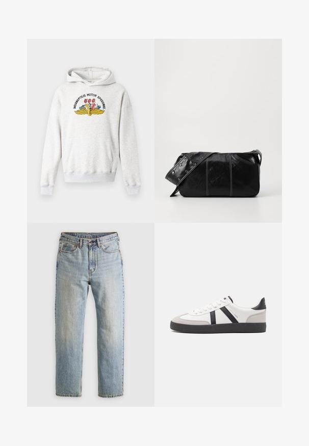 Pilkas kapšas pagamintas iš švelnaus medvilnės mišinio. Yra priekinė kišenė, įrengti išilginių raštų rankogaliai, o krūtinėje puikuojasi spalvingas Indianapolio Motorų greitkelio logotipas.; Šviesiai mėlynos džinsinės kelnės su aukštu liemeniu, priekyje mygtukas, užtrauktukas ir penkių kišenių dizainas, išklotos ant neutralios fono.; Balti sportbačiai su juodais ir pilkais akcentais, pasižymintys tekstūruotu pilku pirštų dangteliu, juoda gumine padais ir plokščiomis baltomis raišteliais. Švarus dizainas, minimalistinis stilius.; Juodas odinis pečių krepšys su užtrauktuku, turintis tekstūruotą paviršių, baltą siuvinėjimą ir dirželį su sidabinėmis metalinėmis detalėmis.