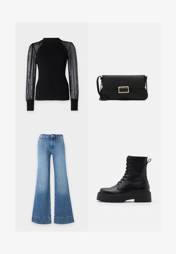ONLY ONLNAJA SEQUINS HIGH NECK  - Strickpullover - black; Helle blaue Denim-Jeans mit weitem Bein, hoher Taille und leichter Ausbleichung. Verfügt über klassisches Fünf-Taschen-Design und Metallknopfverschluss.; Schwarze Lederstiefeletten mit runder Zehenpartie, Schnürung vorne und einer dicken Gummisohle mit strukturiertem Profil. Mit Zugschlaufe an der Rückseite.; Schwarze Leder-Clutch mit Klappe und goldfarbenem Metallschnallen-Detail. Enthält einen schwarzen Riemen und ein schlankes, minimalistisches Design.; Goldfarbene Ohrringe in Form von dünnen, runden Kreolen, mit einer glatten, metallischen Oberfläche und ohne Verzierungen oder Muster.