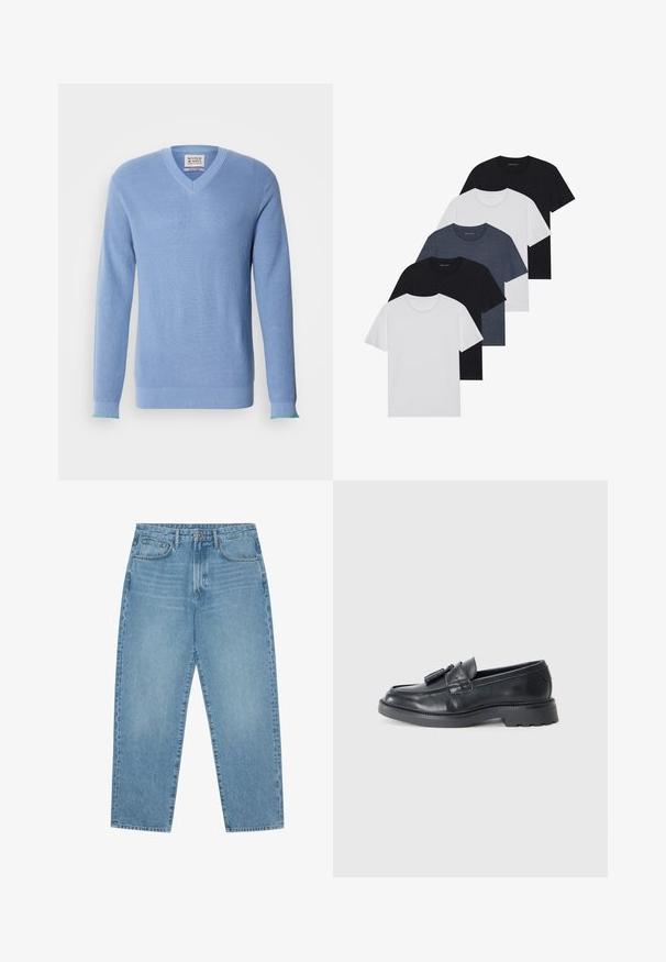 Svijetloplavi pulover s V-izrezom i rebrastom teksturom, dugačkim rukavima i kontrastnim zelenim detaljima na manžetama. Ima oznaku na izrezu.; Set od pet majica u crnoj, bijeloj i tamnoplavoj boji. Pamuk, kratki rukavi, kružićasti izrez i jednolična tekstura bez uzoraka.; Svijetloplavi traper široke nogavice s visokim strukom, koji ima pet džepova, petlju za remen i mekan, blago izblijedio uzorak.; Crne kožne loferice s okruglim vrhom, trakicom s resicama i masivnim potplatom s uzorkom. Glatka tekstura i klasični dizajn.