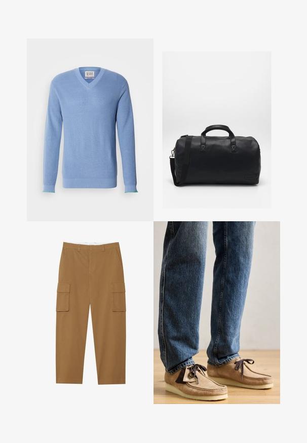 Vaaleansininen V-pääntie villapaita, jossa on ribbiotsikseen, pitkät hihat ja kontrastivihreät yksityiskohdat hihansuissa. Kauluksessa on mukana etiketti.; Ruske hlače s cargo stilom, s dva bočna džepa, ravnim prednjim dijelom i ravnim nogavicama. Izrađene su od izdržljive tkanine s glatkom teksturom.; Tumma ruskeita mokkasiineja, joissa on vaalea beige väri, pyöreä kärki ja pehmeä valkoinen pohja. Varustettu nauhakiinnityksellä ja ompelutiedoilla.; Mustasilmäkekassi, joka on valmistettu teksturoidusta synteettisestä materiaalista. Varustettu kahdella kahvalla ja säädettävällä olkahihnalla. Yksinkertainen muotoilu ilman näkyviä kuvioita.