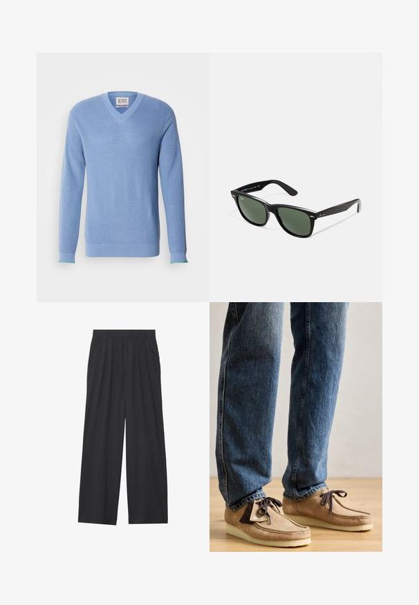 Világoskék V-nyakú pulóver bordás textúrával, hosszú ujjakkal és kontrasztos zöld díszítéssel a mandzsettán. A nyaknál címke található.; Sötétszürke anyagból készült, bő szárú nadrág. Ráncokkal a deréknál, elegáns fazonnal és egyenes sziluettel rendelkezik.; Barna árnyalatú velúr mokaszin sötétbarna díszítéssel, lekerekített orral és puha fehér talppal. Fűzős dizájn és varrt részletek jellemzik.; Fekete műanyag napszemüveg zöld lencsékkel, négyzet alakú kerettel, ezüst díszítéssel a keret felső részén, valamint texturált szárakkal. A márka neve a belső száron található.