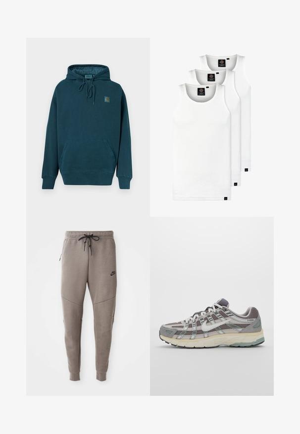Hoodie in donkerteal stof. Heeft een voorzak in kangoeroestijl, verstelbare koordjes en een klein logo-opdruk op de borst.; Drie witte geribde tanktops van katoen. Kenmerken zijn een ronde hals en kleine zwarte labels nabij de zoom. Verkrijgbaar in meerdere maten.; Grijze Nike-sweatpants met een verstelbare tailleband, taps toelopende benen, zijzakken en opvallende naaddetails. Zachte, gestructureerde stof.; Grijze sportieve schoen met een bovenwerk van mesh en suede, witte accenten, een gevoerde zool en een onderscheidend ontwerp met reflecterende elementen.