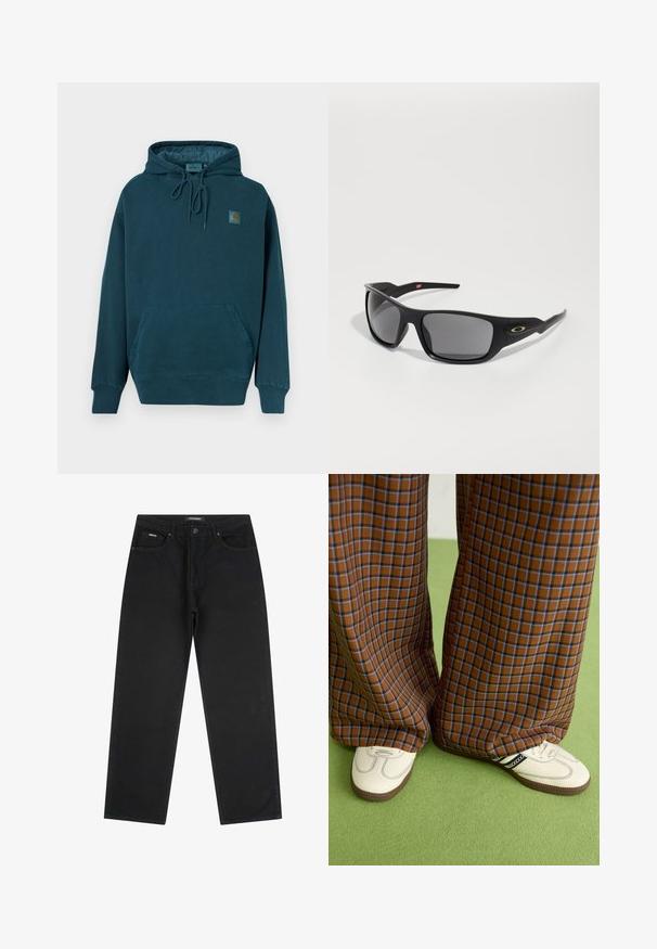 Felpa con cappuccio in tessuto verde scuro. Presenta una tasca a marsupio frontale, lacci regolabili e una piccola toppa con logo sul petto.; Jeans neri a gamba dritta con bottone e zip anteriori, passanti per cintura e design a cinque tasche, posti flat su uno sfondo bianco.; Pantaloni a pieghe larghi a quadri marroni e blu abbinati a scarpe bianche con dettagli neri e suole testurizzate, posizionati su uno sfondo verde.; Occhiali da sole neri con forma rettangolare, realizzati in plastica resistente, con lenti grigio scure e un accento dorato sul lato.