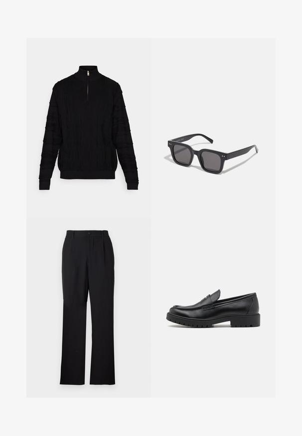 Black pullover sweater with a high collar and short zipper, featuring a textured knit pattern and ribbed cuffs and hem.; Only & Sons ONSJEREMY LOOSE PANT - Trousers - black; Black leather loafers with a rounded toe, slip-on design, and thick rubber sole featuring a textured grip. Elevated heel and subtle stitching details.; Black rectangular sunglasses with dark lenses, featuring a thick frame, subtle accents on the sides, and no visible logos beyond the brand name.; Casio quartz wristwatch with a black face, silver stainless steel band, large white and red numerals, and a water-resistant feature up to 200m.