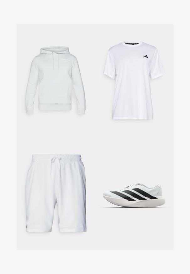 Björn Borg - Bluza z kapturem; Biała koszulka sportowa z krótkim rękawem, wykonana z materiału odprowadzającego wilgoć. Posiada czarne logo na lewej piersi oraz wzorzystą podszewkę kołnierza.; Białe szorty sportowe z elastycznym pasem i regulowanym sznurkiem. Gładki materiał o subtelnej fakturze, z bocznymi kieszeniami.; Lekkie buty do biegania w jasnoniebieskim kolorze z czarnymi pasami. Posiadają gładką cholewkę, okrągły nosek oraz grubą białą podeszwę środkową oznaczoną "LIGHTSTRIKE PRO."