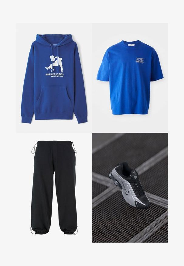 Sudadera azul de mezcla de algodón, con un bolsillo canguro frontal, cordones y una impresión gráfica blanca con el nombre de la marca y el eslogan.; Camiseta de algodón azul con mangas cortas, con un logo gris en la parte superior izquierda del pecho, escote redondo y un corte relajado.; Pantalones de chándal negros, hechos de un tejido suave, con un corte holgado, puños elásticos y cordones en la cintura para un tamaño ajustable.; Zapatilla deportiva Nike con un diseño en negro y plata. Fabricada con material sintético y detalles de malla, cuenta con una suela que brinda soporte y amortiguación de aire visible.