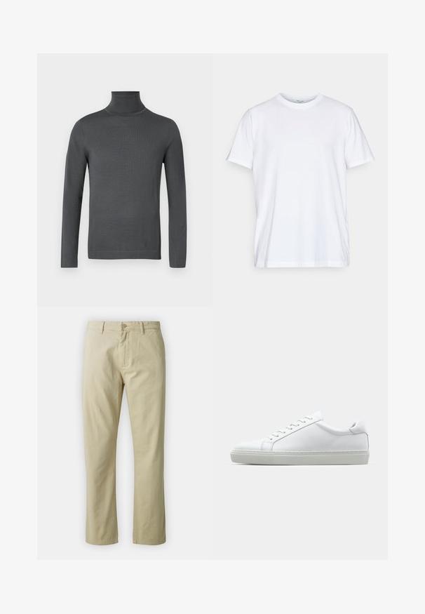 Ciemnoszary, długi sweter z golfem z dopasowanymi mankietami i gładką, drobną teksturą dzianiny na białym tle.; Biała bawełniana koszulka z krótkim rękawem, okrągłym dekoltem i luźnym krojem. Posiada minimalistyczny design, bez wzorów ani akcentów.; Beżowe bawełniane spodnie o prostym kroju, z zapięciem na guzik z przodu i paskiem. Gładka tekstura, bez widocznych wzorów czy akcentów.; Białe sneakersy z gładką skórzaną cholewką i niskim profilem. Posiadają okrągły nos, sześć dziurek na sznurówki oraz teksturowaną gumową podeszwę.