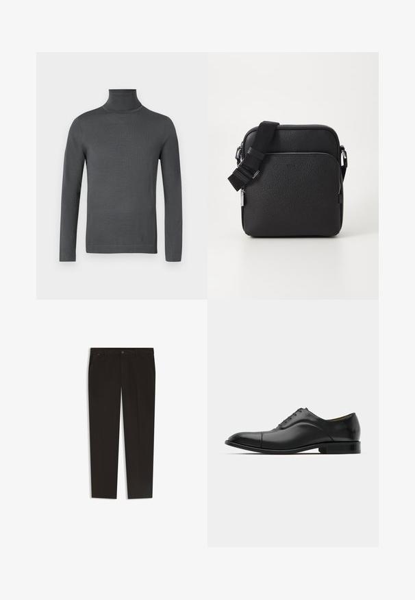 Maglione a dolcevita grigio scuro, con maniche lunghe e polsini aderenti, caratterizzato da una trama liscia e sottile, su uno sfondo bianco.; Pantaloni neri con un design a gamba dritta, realizzati in un tessuto liscio. Presentano una chiusura con bottone e tasche frontali. Senza motivi o accenti visibili.; Scarpa da uomo in pelle nera con texture liscia, punta arrotondata e cinque occhielli. Presenta un tacco basso impilato e dettagli di cucitura sottili.; Borsa a tracolla nera in pelle con superficie texturizzata, dotata di una tasca frontale con zip, cinturino regolabile e dettagli metallici.