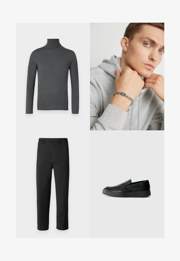 Jersey de color gris oscuro, de manga larga y cuello alto, con puños ajustados y una textura de punto suave y fino, sobre un fondo blanco.; Pantalones negros de corte recto, hechos de una tela lisa. Cuentan con un cierre de botón y trabillas para cinturón. Sin patrones ni acentos visibles.; Calvin Klein HYBRID CUP - Zapatos sin cordones - triple black; Pulsera de cadena de plata con una placa rectangular negra grabada con "BOSS". Llevada en una mano frente a un fondo de sudadera gris.