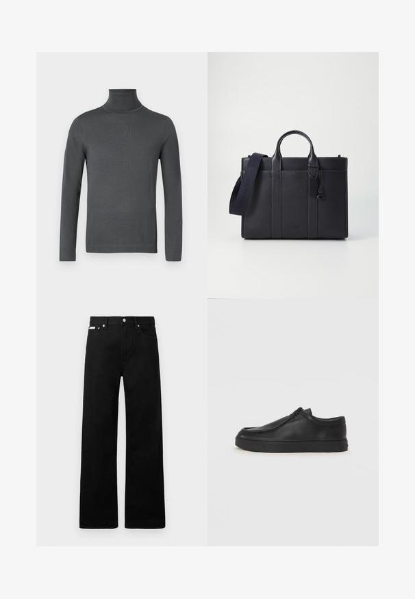 Dark gray, long-sleeve turtleneck sweater with fitted cuffs and a smooth, fine knit texture on a white background.; Black denim pants with a wide-leg design, featuring five pockets and metallic button hardware. Smooth texture, no visible patterns.; Black leather slip-on shoe with a rounded toe, stitched detailing, and black rubber sole. Smooth texture with minimalistic design.; Dark navy leather briefcase with dual top handles and a detachable strap. Features textured finish, vertical stitching, and logo detail.