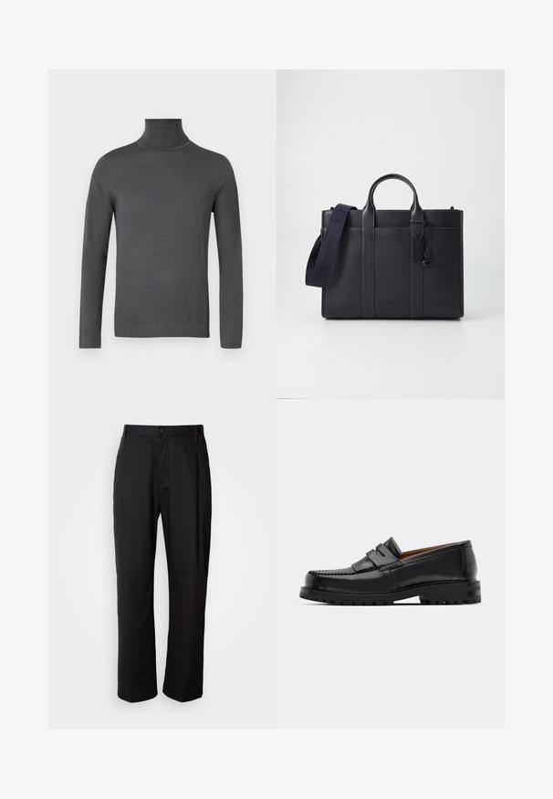 Dark gray, long-sleeve turtleneck sweater with fitted cuffs and a smooth, fine knit texture on a white background.; Black trousers with a straight cut, made of lightweight fabric. Features a front button closure and two side pockets; smooth texture.; Black leather loafers feature a raised seam, two decorative straps on the upper, and a thick textured sole for added grip.; Dark navy leather briefcase with dual top handles and a detachable strap. Features textured finish, vertical stitching, and logo detail.