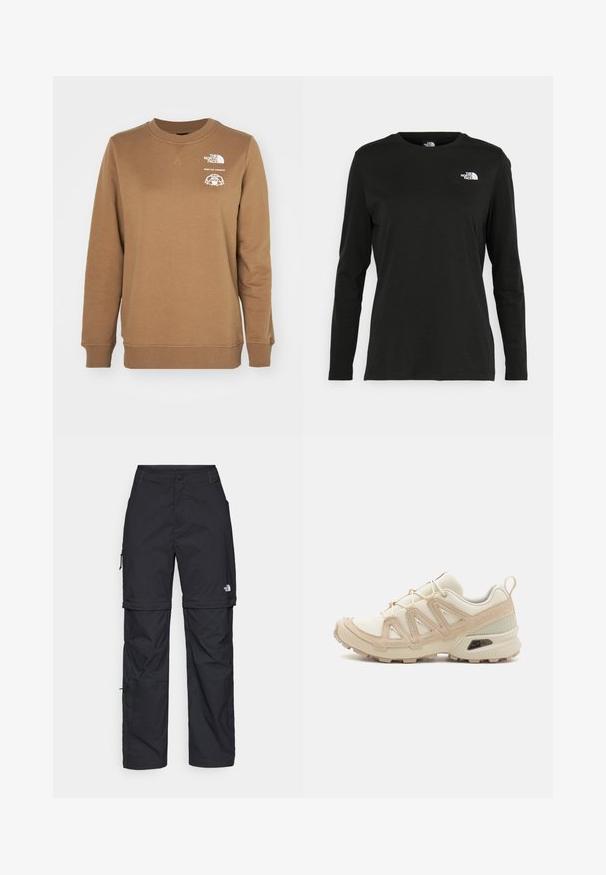 Brun sweatshirt i bomullsblandning med rundad halsringning och ribbade muddar. Fram har den vita logotyper och text. Slät textur.; Svart långärmad t-shirt i bomull med rund hals. Har en liten vit logotyp på vänster bröstområde. Enkelt design och passform.; Svarta nylonbyxor med avtagbara ben, justerbara muddar, flera fickor och en logotyp på högra benet. Slät, lätt textur.; Beige och krämfärgad atletisk sko med texturerad meshovandel, stöttande överdrag och gummisulor med ett mönster för grepp.