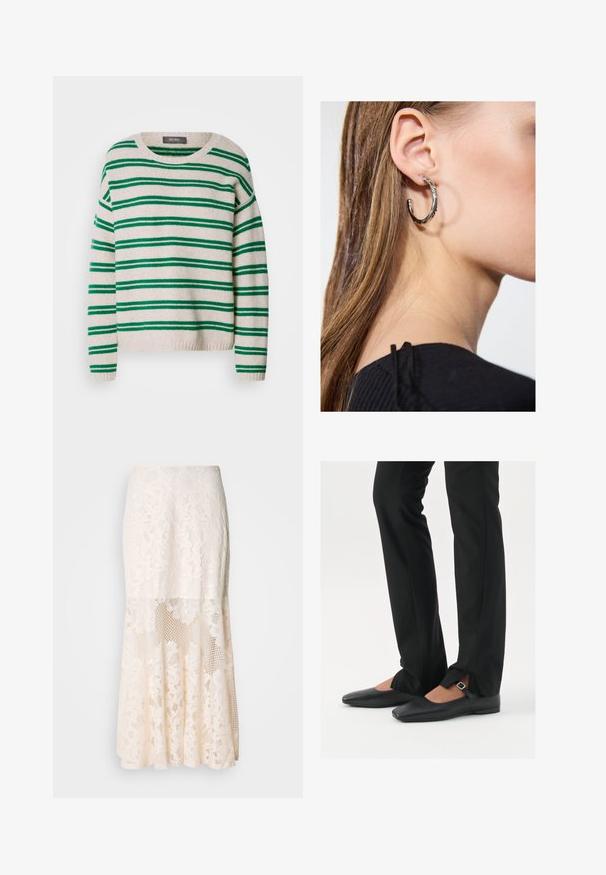 Gestreifter Strickpullover mit cremefarbener Basis und grünen Streifen, rundem Ausschnitt und geripptem Saum sowie Bündchen. Weiche Textur, lässige Passform.; Blumige Spitzen-Midi-Rock in Creme; verfügt über ein geschichtetes Design mit transparenten Abschnitten, strukturierter Spitze und einem ausgestellten Saum.; Schwarze Leder-Ballerinas mit spitzer Zehenpartie, Riemchen mit silberner Schnalle, kombiniert mit schwarzen taillierten Hosen mit Schlitzsaum.; Silberne Creolen mit polierter Oberfläche, die kleine goldene Akzentdetails und eine runde Form aufweisen, am Ohrläppchen getragen.