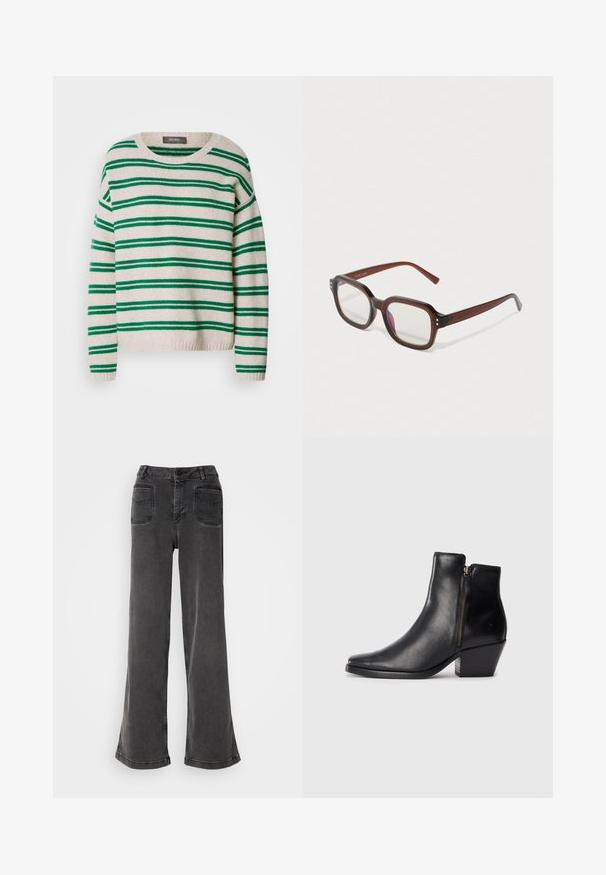 Pull en tricot rayé avec une base crème et des rayures vertes, col rond et bord-côte au bas des manches et sur l'ourlet. Texture douce, coupe décontractée.; Haut sans manches noir en col roulé, fabriqué à partir d'un tissu lisse. Design ajusté avec un col haut et un ourlet droit, minimaliste et de couleur unie.; Jean noir taille haute à jambes larges en denim, avec une fermeture à bouton, des passants de ceinture et deux poches arrière avec des accents cousus.; Bottines en cuir noir avec un bout pointu, une fermeture éclair sur le côté et un talon épais. Texture lisse et design minimaliste.; Lunettes rectangulaires translucides marron avec des verres transparents, une légère réflexion violette et de petits points décoratifs dorés aux coins avant.