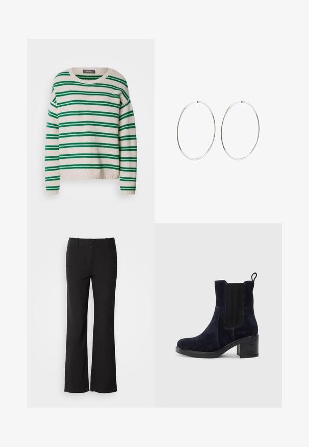 Striped knit sweater featuring cream base with green stripes, round neckline, and ribbed hem and cuffs. Soft texture, relaxed fit.; Black cotton blend trousers with a straight-leg design, front button closure, and two side pockets. Smooth texture, no visible patterns.; Navy blue suede ankle boot with elastic side panel, rounded toe, and block heel. Textured fabric and smooth sole add contrast.; Silver hoop earrings with a smooth, round design and a polished finish. They are thin and lightweight, featuring a simple clasp closure.