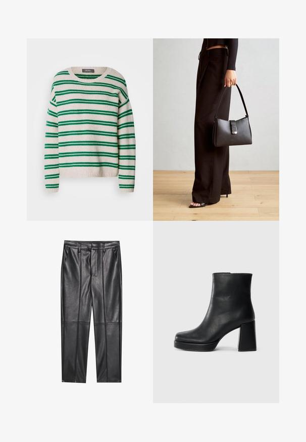 Prugasti pleteni pulover s kremastom podlogom i zelenim prugama, okruglim izrezom i rebrastim rubovima i manžetama. Mekana tekstura, opušteni kroj.; Crne kožne hlače s glatkom teksturom, ravnog kroja, s dva prednja džepa i vidljivim šavovima.; Crna kožna čizma do gležnja s blok petom i platformom, prikazana s bočne strane na jednostavnoj bijeloj pozadini.; Crna torba s oblikom koji sadrži strukturu, glađu teksturu i metalnu kopču. Uparena s širokim crnim hlačama i sandalama na otvorenom s drvenog poda.