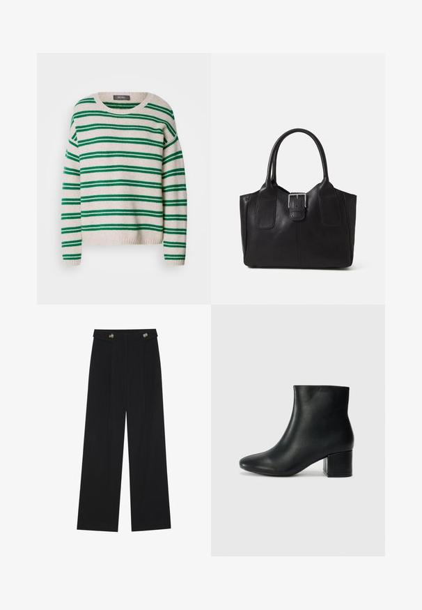Striped knit sweater featuring cream base with green stripes, round neckline, and ribbed hem and cuffs. Soft texture, relaxed fit.; Black wide-leg trousers with high waist, button details on waistband, and front pleats.; Black leather ankle boots with a pointed toe and a chunky heel. Smooth texture with minimal accents and a sleek, fitted design.; Black leather tote bag with smooth texture, structured shape, two handles, and a prominent silver buckle detail on the front.