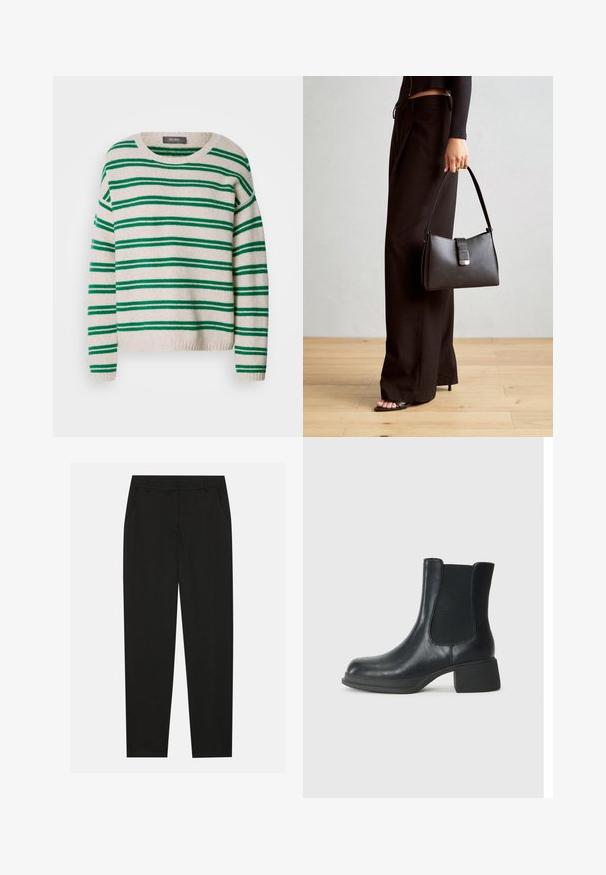 Gestreepte trui van breiwerk met een crèmekleurige basis en groene strepen, ronde halslijn, en ribgebreide zoom en manchetten. Zachte textuur, comfortabele pasvorm.; Zwarte broek met een tailormade ontwerp, voorzien van zijzakken en een rechte pijp. Gemaakt van een soepele, lichte stof met een strakke afwerking.; Zwarte leren enkelboot met elastische zijpanelen, ronde neus en een lage blokhak. Het oppervlak heeft een gladde textuur en minimale details.; Zwarte handtas met gestructureerde vorm, gladde textuur en een metalen sluiting. Gecombineerd met brede zwarte broeken en sandalen met open teen op een houten vloer.