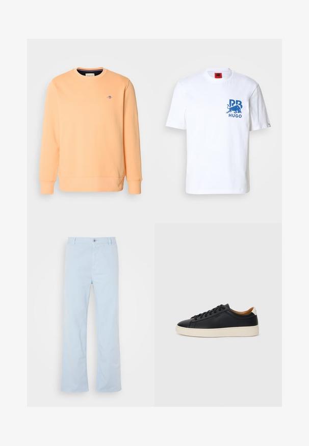Brzoskwiniowy sweter w mieszance bawełny, okrągły dekolt, ściągacze przy mankietach i dolnym wykończeniu. Małe niebieskie logo na piersi. Gładka, miękka faktura w jednolitym kolorze.; Biała bawełniana koszulka z niebieskim graficznym motywem byka i napisem "HUGO". Okrągły dekolt i krótkie rękawy w luźnym kroju.; Jasnoniebieskie bawełniane spodnie o prostym kroju, z zapięciem na guzik z przodu i bocznymi kieszeniami. Gładka faktura i minimalne detale przeszycia.; Czarne skórzane trampki o gładkiej fakturze, jasnobrązowa gumowa podeszwa, sznurowana konstrukcja i kontrastujący akcent na pięcie.