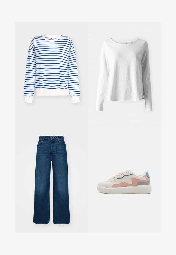 Sweat-shirt rayé bleu et blanc avec un col rond, des poignets et un ourlet côtelés, fabriqué en tissu doux en mélange de coton.; T-shirt blanc à manches longues en tissu doux et léger; doté d'un col rond et d'un ajustement légèrement décontracté; étiquette visible sur le côté.; Jeans taille haute et à jambes larges en denim bleu foncé avec une texture lisse, des coutures contrastantes et un design à cinq poches. Fermeture à bouton à l'avant.; Baskets basses avec un dessus synthétique blanc, des accents en suede rose et gris, une semelle en caoutchouc blanc texturé et des lacets colorés.