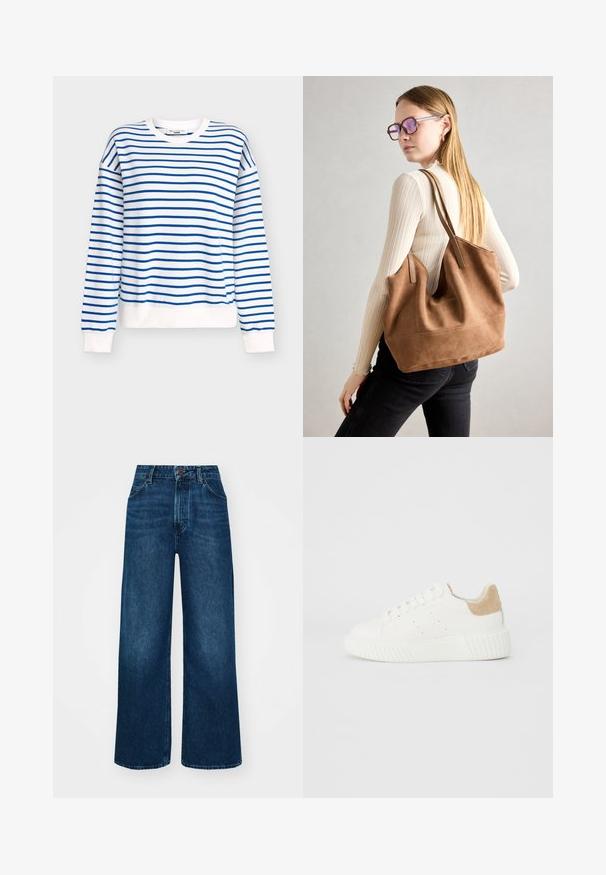 Blå og hvitstripet genser med rund hals, ribbestrikkede mansjetter og nederkant, laget av mykt bomullsblandingsstoff.; Høyt liv, vide jeans i mørk blå denim med en jevn tekstur, kontrastsøm og fem-lommers design. Frontlukkning med knapp.; Hvit sneaker med en glatt læroverdel, perforerte detaljer og en beigefarget semsket skinnakse på hælen. Har en tykk, teksturert gummisåle.; Brun semsketotebag med myk tekstur, stor åpning og lange stropper. Har et enkelt design med synlig søm og uten maskinvare.