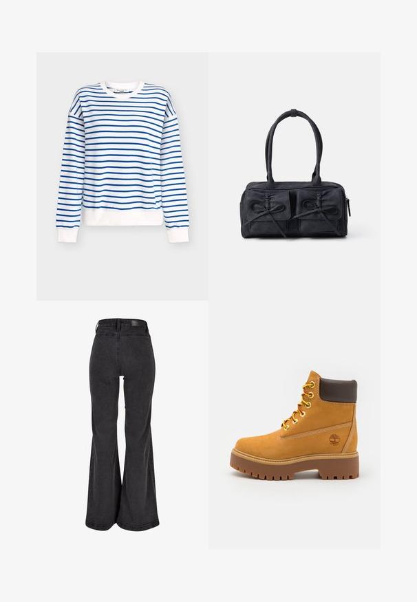 Modrá a bílá proužkovaná mikina s kulatým výstřihem, žebrovanými manžetami a lemem, vyrobená z měkké bavlněné směsi.; Černé rozšířené džíny s hladkým povrchem, vysokým pasem a logem na zadní straně. Vyznačují se širokým střihem a zesíleným šitím.; Hnědé voděodolné kotníkové boty s pevnou gumovou podrážkou, kulatou špičkou, hnědým koženým límcem, žlutými tkaničkami a logem na boku.; Černá látková kabelka se dvěma předními kapsami s detaily mašle, dvojitými uchy a zipovým uzávěrem. Měkká textura a obdélníkový tvar.