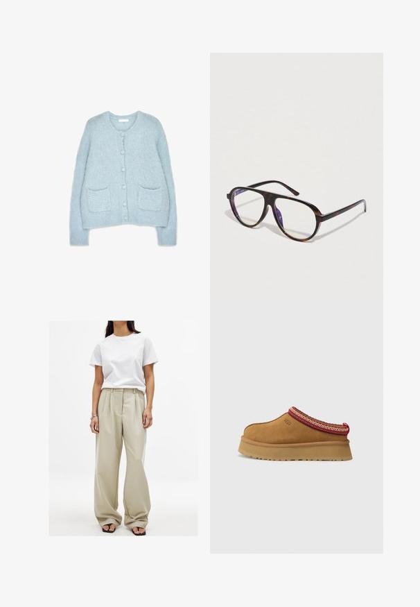 Lichtblauwe, fluffy gebreide cardigan met een ronde halslijn, sluiting met zes knopen en twee voorzakken. Geribde manchetten en zoom.; Blauwe denim shirt met een knoopsluiting aan de voorkant, één borstzak en lange mouwen. Heeft een relaxte pasvorm en een lichte vervaging.; Beige wijde pantalons met voorplooien en een gladde textuur, gecombineerd met een aansluitend wit katoenen t-shirt. Zwarte flip-flops maken de look compleet.; Bruine suède instapschoen met een rood en crèmekleurig patroon aan de rand, een gestructureerde zool en het UGG-logo aan de zijkant. Heeft een lichte platformhoogte.; Schildpadbril met oversized rechthoekige monturen. Heldere lenzen en een gladde, glanzende afwerking contrasteren met matte uiteinden van de pootjes.; Geweven tan handtas met een driehoekige vorm en knoophandvatten. Textuur oppervlakte met zichtbaar vlechtpatroon. Gevoerde binnencompartiment met rits.