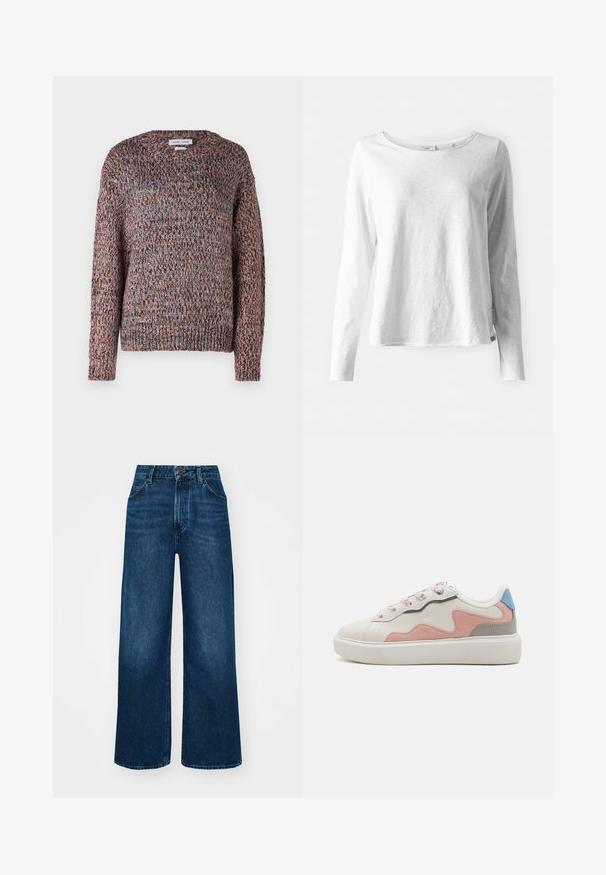 Paksu triiksärk ümmarguse kaelusega, millel on mitmevärvilised lõngad roosa, sinise ja pruuni varjundites. Ribitud mansetid ja ääred.; Pika küljeõmblustega lõhked valge pikkade käistega T-särk, soft, kerge kangaga; ümar kaelus ja veidi lõdvem sobivus; silt on nähtav külgedel.; Kõrge vöökohaga laiad teksad tummises sinises denimis, millel on sile tekstuur, kontrastne õmblus ja viie-tasku disain. Esimene nupulukk.; Madala lõikega tossud valge sünteetilise ülemise osaga, roosa ja halli nubukaktsentidega, tekstuuriga valge kummitald ja värvilised paelad.