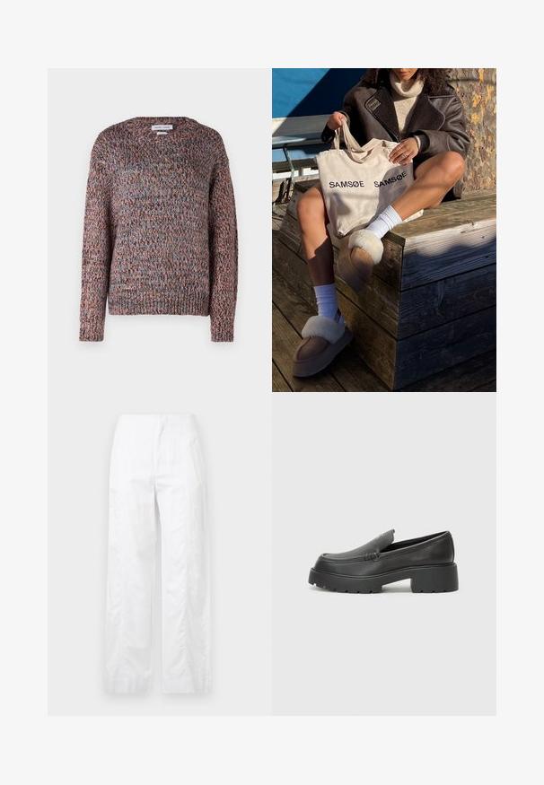 Teljesen kötött pulóver kerek nyakkal, amely több színű szálakból készült, rózsaszín, kék és barna árnyalatokban. Rózsás mandzsetták és alj.; Fehér, széles szárú nadrág könnyű anyagból, sima textúrával, letisztult vonalakkal és magasderék kialakítással.; Fekete bőr loafer cipők kerek orral, vastag, texturált talppal és minimális varrási részletekkel. Áramvonalas dizájn, látható fűzők vagy fém részek nélkül.; Homokszínű válltáska, amelyen kétszer szerepel a "SAMSOE" felirat, barna papucsok fehér szőrme díszítéssel, fehér zoknik és egy barna gyapjúkabát egy fából készült felületen.