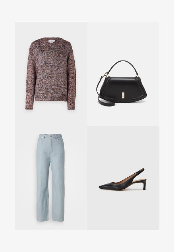 Fleckiger Strickpullover mit rundem Ausschnitt, der aus mehrfarbigen Fäden in Pink-, Blau- und Brauntönen besteht. Gerippte Bündchen und Saum.; Helle blaue gerade geschnittene Jeans aus Denim. Verfügt über fünf Taschen, einen Metallknopfverschluss und dezente Waschungen für zusätzliche Textur.; Schwarze Leder-Slingback-Pumps mit spitzer Zehenform, niedrigem Absatz und glatter Textur. Verfügt über einen dünnen, verstellbaren Riemen für einen sicheren Sitz.; Schwarze Lederhandtasche mit einem strukturierten Design, das eine verkürzte Form, einen oberen Griff und goldfarbene Hardware-Details aufweist. Verstellbarer Schulterriemen ist enthalten.