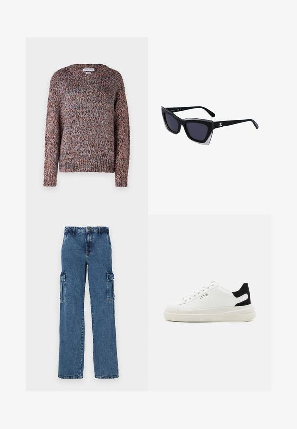 Suéter de punto grueso con cuello redondo, que presenta hilos multicolores en tonos de rosa, azul y marrón. Puños y dobladillo acanalados.; Pantalones cargo de denim azul con un ajuste relajado, que cuentan con dos bolsillos laterales, costuras reforzadas y un diseño de pierna recta.; Zapatillas blancas de cuero con una suela blanca gruesa, acento en el talón de ante negro y logo grabado en el lateral. Diseño de cordones con seis ojales.; Gafas de sol negras de gran tamaño con una forma geométrica, que presentan lentes oscuros y un detalle gris contrastante en la montura. Logo en la pata.; Aros de plata en forma de aro con un acabado liso y brillante. Diseño redondeado y ligero, con cierre de tipo post-back.