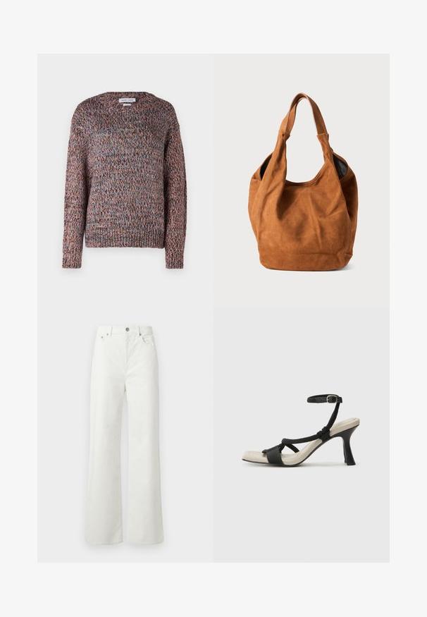 Paksu triiksärk ümmarguse kaelusega, millel on mitmevärvilised lõngad roosa, sinise ja pruuni varjundites. Ribitud mansetid ja ääred.; Samsøe Samsøe SHELLY - Avar lõikega teksad - clear cream; Mustad musta kontsaga sandaal, millel on punutud rihma disain, ruudukujuline varvas ja reguleeritav pahkluu rihm. Heleda beeži värvi jalapadi ja läikiv must konts.; Pruun nubukist õlakott pehme tekstuuri, kumeriku kuju ja kahe käepideme ning minimaalsete joontega. Funktsioneerib ilma nähtava riistvara või aksessuaarideta.