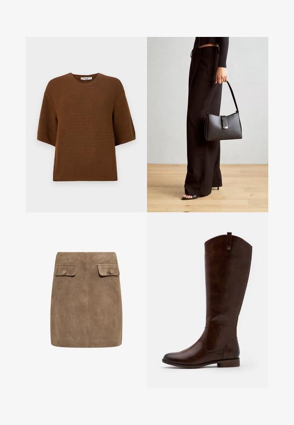 Ruskea neulottu neulepaita, jossa on lyhyet hihdat, pyöreä kaula-aukko ja teksturoitu kuvio. Materiaali on pehmeää ja hieman löysää kudontaa.; Ruskea mokkanahkainen mini hame, jossa on sileä pinta. Hameessa on kaksi etupakkausta ja napit kummassakin reunassa. Yksinkertainen ja suora muotoilu.; Ruske knee-high sačinjene od glatke kože, s okruglim nosom, niskim složenim potplatom i suptilnim uzorkom šavova duž strana.; Musta käsilaukku, jossa on rakenteellinen muoto, sileä pinta ja metallinen solki. Yhdistetty leveisiin mustiin housuihin ja avonaiheisiin sandaaleihin puulattialla.