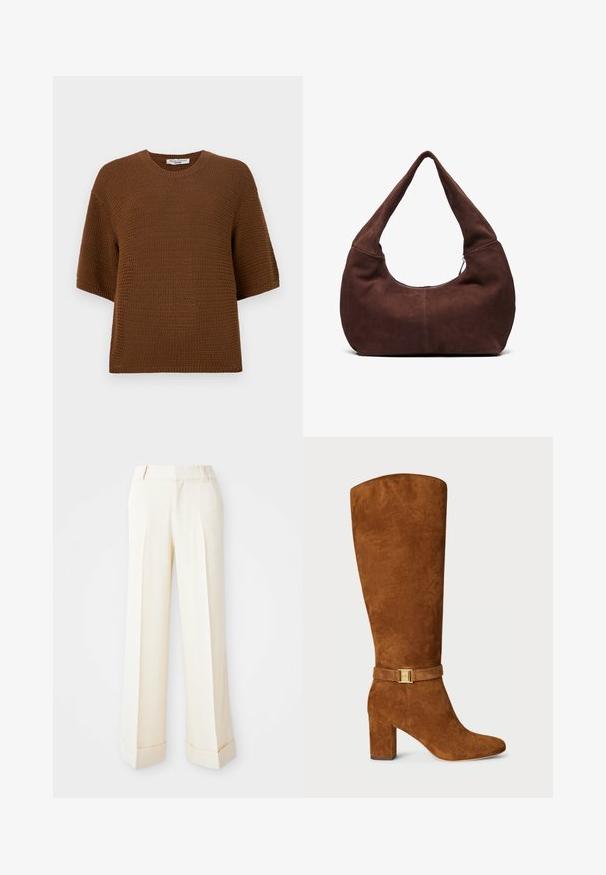 Brun strikket genser med korte ermer, rund hals og et strukturert mønster. Materialet har et mykt, litt løst vev.; Beige vide bukser med en glat tekstur, frontfold og opslåede manchetter. Har bæltestropper og lynlås lukning.; Brune suedestøvletter til knæet med firkantet tå, chunky hæl og en guldfarvet spænde detalje på en matchende suedestrop omkring anklen.; Brun fløyelsveske med en buet, bred håndtak og en stor åpning. Mykt tekstur med synlig søm-detaljering langs kantene.