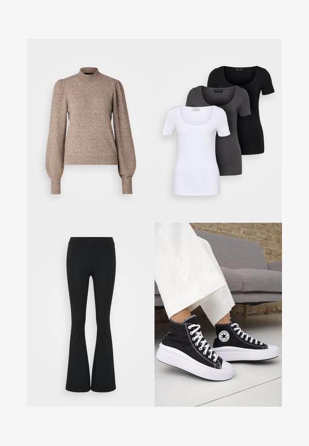 Knit pullover sweater in light brown, featuring a high neckline, puffed long sleeves, and ribbed cuffs and hem. Soft, textured fabric.; Three fitted T-shirts in white, gray, and black. Each features a wide scoop neckline and short sleeves. Made from smooth, stretchy fabric.; Black flared pants made of stretchy fabric, featuring a high waistband and a smooth texture. The pants flare out from the knee.; Black high-top sneakers with white rubber soles and laces. Features a round logo patch and contrasting white stitching. Canvas material.