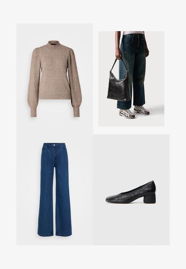 Suéter de malha em castanho claro, com gola alta, mangas longas bufantes e punhos e bainha canelados. Tecido macio e texturizado.; Jeans de ganga azuis de perna larga com uma cintura alta, fecho frontal por botão e zip e bolsos dianteiros e traseiros sobre um fundo plain.; Sapato de salto preto em couro com bico arredondado e salto médio bloco. Textura suave com detalhes mínimos, apresentando uma abertura elástica discreta.; Bolsa de ombro em couro preto com textura suave e alça ajustável, combinada com jeans de perna larga desbotados e ténis desportivos.