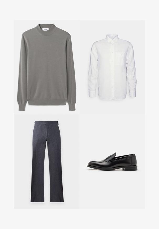 Suéter cinza de malha com gola alta, mangas compridas e punhos canelados. Tecido texturizado com um padrão subtil por todo o lado.; Camisa de manga longa branca feita de algodão, com colarinho abotoado, bolso frontal e corte regular. Tecido texturizado com superfície lisa.; Calças cinzas ajustadas, feitas de um tecido texturizado, apresentando um corte direito, um vinco subtil e ilhós laterais na cintura para a colocação de cinto.; Mocassins de couro preto com uma textura suave, bico arredondado e uma faixa decorativa sobre o peito do pé. Salto baixo e empilhado, design minimalista.