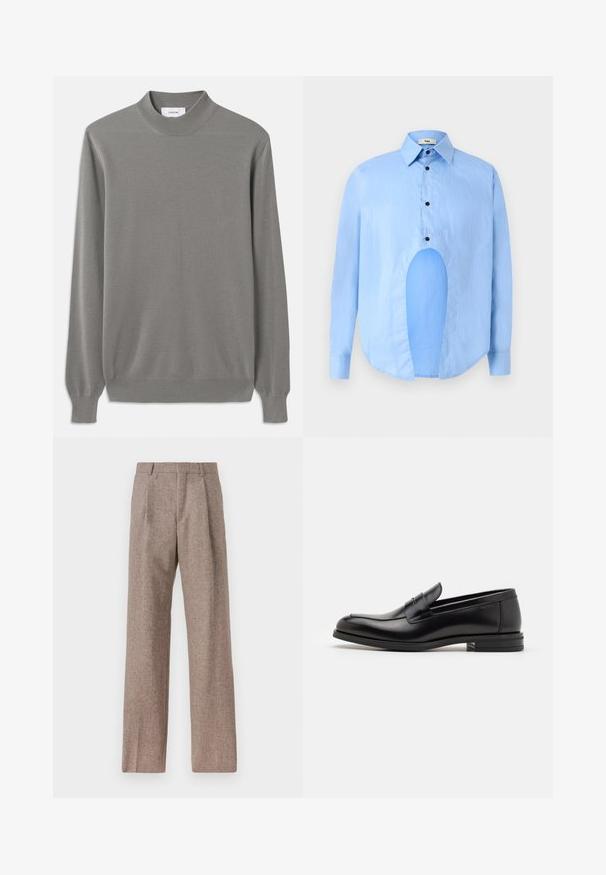 Szürke kötött pulóver, állógallérral, hosszú ujjakkal és bordázott mandzsettákkal. Texturált anyag, amelyen diszkrét minta található.; Világoskék, hosszú ujjú ing, hegyes gallérral, fekete gombokkal, és egyedi kivágással elöl, amely különleges dizájnt kölcsönöz.; Barna, magas derekú nadrág texturált anyagból. Széles szárai és két elülső redője biztosítja a struktúrát. Ízléses kivitel, látható fémszerelés nélkül.; Fekete bőr loaferek sima textúrával, kerek orral és dekoratív pánttal a vampnál. Alacsony, rétegelt sarkú, minimalista dizájn.