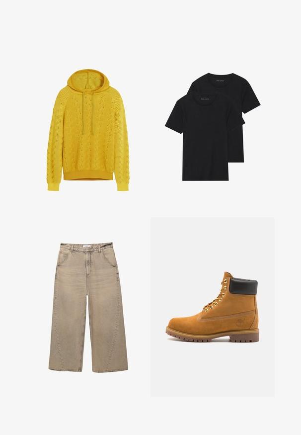 Gelber Strickhoodie mit strukturiertem Muster, Kordelzugkapuze und gerippten Bündchen und Saum. Der Stoff zeigt ein wellenförmiges Design.; Zwei schwarze Baumwoll-T-Shirts mit kurzen Ärmeln, runden Ausschnitten und einer glatten Textur, übereinander gestapelt.; PULL&BEAR MEGA BAGGY - Baggy Jeans - light grey; Beige Wildleder-Ankle-Boot mit schwarzem gepolstertem Kragen, goldenen Metallösen, weißen Nähdetalben und einer robusten Gummisohle mit ausgeprägtem Profil.