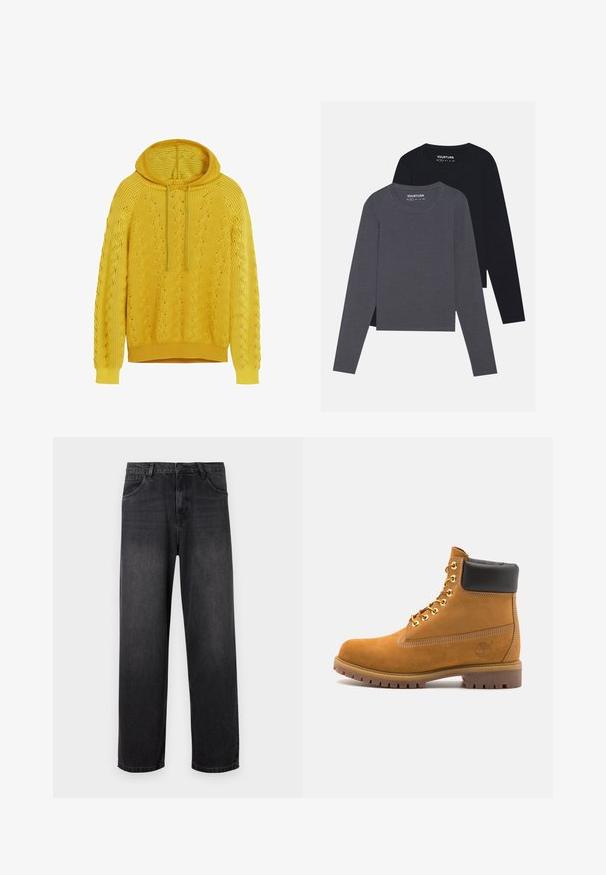 Geltonas megztas džemperis su tekstūriniu raštu, su raišteliu reguliuojamu gobtuvu ir kanalėliais ant rankovių bei apatinės dalies. Audinys turi bangų pavidalo raštą.; YOURTURN 2 PACK UNISEX - Ilgarankovis viršutinės dalies drabužis - dark grey/black; Tamsiai pilki džinsai su tiesiomis kojomis, turintys užtrauktuko kišenę, penkias kišenes ir subtilius išblukimo akcentus audinyje.; Tan spalvą turintys suknelės batus iki kulkšnies su juodu paminkštintu apvadu, auksiniais metaliniais akių užsegimais, baltais siūlų dekoratyviniais elementais ir tvirtu guminiu padu su ryškiai išreikštais raštais.