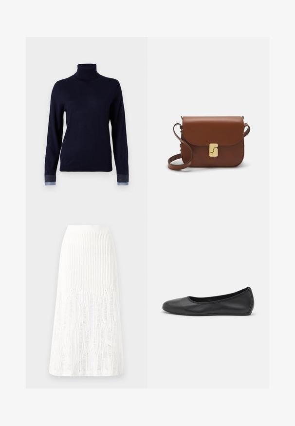 Jūras spēku turtlenecks džemperis no mīksta auduma ar garām piedurknēm un džinsu līdzīgiem akcents pie piedurknēm, ar pieguļošu dizainu.; Adīts balts midi svārki ar teksturētu rakstu, kas ietver vertikālas līnijas un izgriezumus pie apakšmalas. Elastīgs vidukļa jostasvads. Mīksts materiāls.; Melna ādas baleta kurpe ar noapaļotu purngalu, gludu tekstūru, minimālu šuvju detalizāciju un elastīgu zoles dizainu.; Bordo ādas rokas soma ar atloku, zeltītām detaļām, plecu siksnu un gludu virsmu. Kompakta, taisnstūrveida forma.