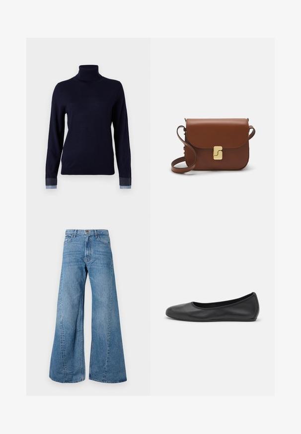 Marinefarbener Rollkragenpullover aus weichem Material, mit langen Ärmeln und denimähnlichen Akzenten an den Bündchen, in taillierter Passform.; Helleblaue Jeans mit weitem Bein und hoher Taille, ausgestattet mit klassischem Fünf-Taschen-Design und leichten Verwaschungen für eine texturierte Optik.; Schwarze Leder-Ballettschuhe mit abgerundeter Spitze, glatter Textur, minimalen Nähdetails und einem flexiblen Sohlen-Design.; Braune Ledertasche mit Klappenverschluss, Beschlägen in Goldfarbe, einem Schultergurt und einer glatten Oberfläche. Kompakte rechteckige Form.