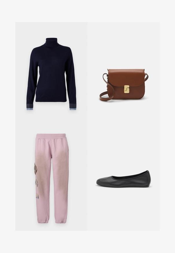 Tengerészkék garbó pulóver puha anyagból, hosszú ujjakkal és farmer jellegű díszítéssel az ujjakon, fitted fazonban.; Rózsaszín melegítőnadrág elasztikus derékkal, bal oldalon gyémánt alakú dekoratív foltokkal és elasztikus szárakkal az bokákon.; Fekete bőr balettcipő lekerekített orral, sima tekstúrával, minimális varrással és rugalmas talp kialakítással.; Barna bőr kézitáska, hajtókás zárással, arany színű fém kiegészítőkkel, vállpánttal és sima felülettel. Kompakt téglalap alakú.
