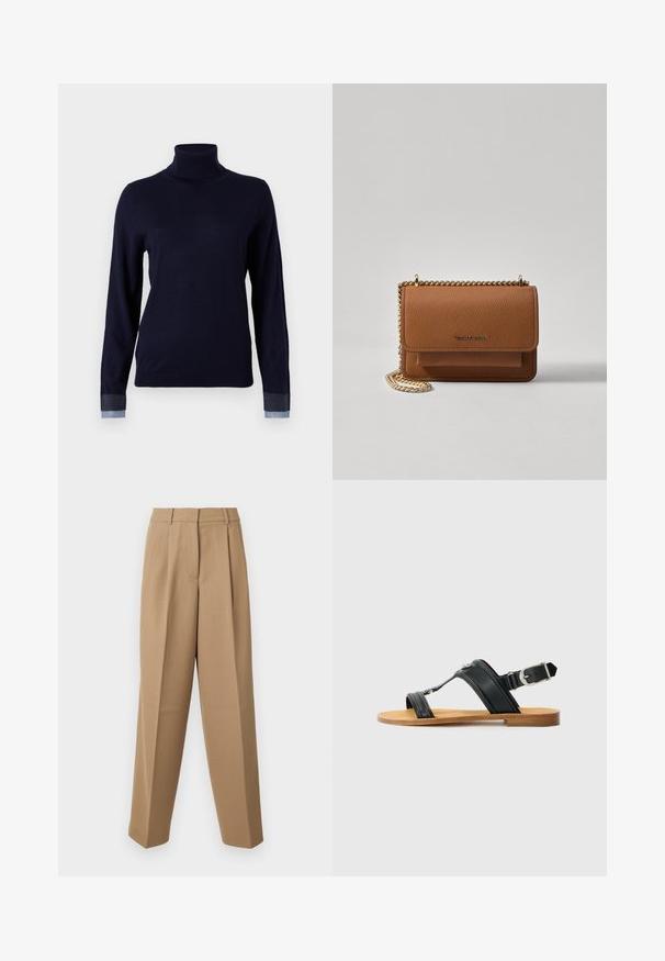 Tengerészkék garbó pulóver puha anyagból, hosszú ujjakkal és farmer jellegű díszítéssel az ujjakon, fitted fazonban.; Beige színű, magas derekú, plissézett elejű és széles szárú, testre szabott nadrág. Az anyag sima tapintású, enyhe fénylő hatással.; Fekete bőr szandál állítható csattal, lapos barna talppal és két széles pánttal, amelyek átkereszteződnek a lábon, minimalista dizájnnal.; Barna textúrájú bőr keresztbody táska arany lánc pánttal és fedélzárral. Az elején logó részlet és egy zseb található a fedél alatt.