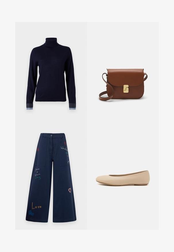 Morski sweter z golfem wykonany z miękkiego materiału, z długim rękawem i denimu na mankietach, o dopasowanym kroju.; Granatowe spodnie z szerokimi nogawkami wykonane z bawełny, z licznymi kieszeniami. Ozdobione kolorowymi haftowanymi napisami i grafikami, w tym sercami i zabawnymi hasłami.; Beżowe skórzane baleriny z zaokrąglonym noskiem, minimalnymi szwami, niskim obcasem oraz subtelnym logo z tyłu. Gładka, matowa tekstura.; Brązowa skórzana torebka na ramię z klapką, złotymi detalami, paskiem na ramię i gładką teksturą. Kompaktowy prostokątny kształt.