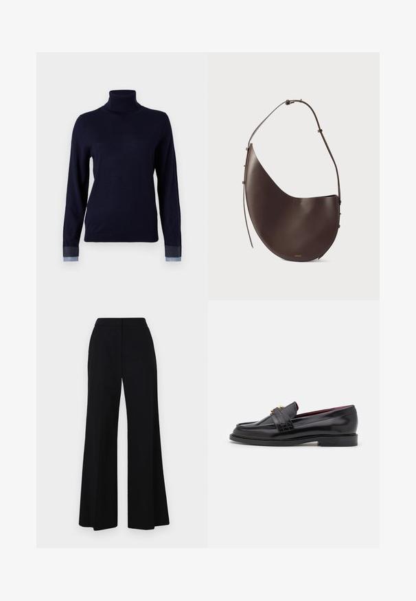 Marinefarbener Rollkragenpullover aus weichem Material, mit langen Ärmeln und denimähnlichen Akzenten an den Bündchen, in taillierter Passform.; Schwarze weit geschnittene Hose mit hohem Bund, glattem Stoff und klaren Linien. Keine sichtbaren Beschläge oder Muster.; Schwarze Lederloafers mit einem gestickten Muster, glatter Textur, goldenen Schnallendetails und einer runden Zehenform, auf einer niedrigen schwarzen Sohle.; Braune Lederhandtasche mit geschwungener Form, einem Schulterriemen und minimalistischem Design. Verfügt über ein dezentes Logo und goldene Hardware-Akzente.