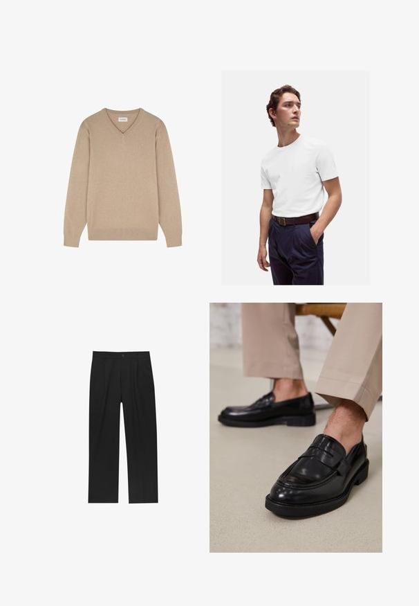 Beżowy sweter w serek wykonany z miękkiego materiału. Długie rękawy z prążkowanymi mankietami. Małe logo na piersi. Gładka tekstura, casualowy fason.; Biała bawełniana koszulka z okrągłym dekoltem noszona z granatowymi spodniami w kant i brązowym skórzanym paskiem z złotą klamrą.; Czarne spodnie o prostym kroju, wykonane z gładkiego materiału. Posiadają zakładki z przodu i pojedyncze zapięcie na guziki w pasie.; Czarne skórzane mokasyny o gładkim wykończeniu, z dekoracyjnym paskiem i kontrastowym szwem, w połączeniu z beżowymi spodniami.