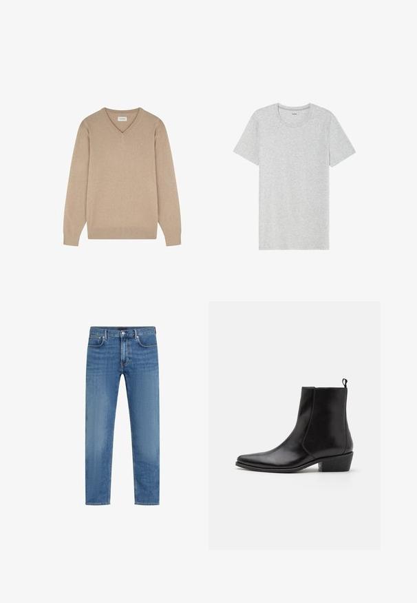 Beige v-neck sweater made from soft fabric. Long sleeves with ribbed cuffs. Small logo on the chest. Smooth texture, casual design.; Gray short-sleeve T-shirt, made from a soft, lightweight fabric. Straight-cut hem, classic crew neck design, and subtle heather texture.; Blue straight-leg denim jeans with five pockets, button and zip fly, and subtle fading on thighs.; Zign LEATHER - Cowboy/biker ankle boot - black