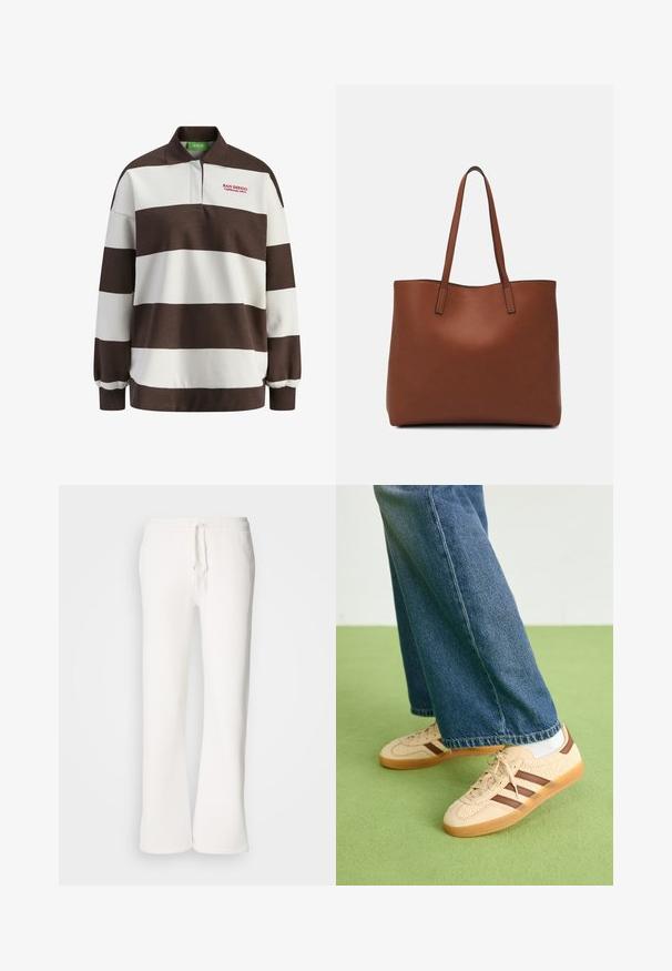 Brun og hvit stripete genser med krage, har "SAN DIEGO California 1975" brodert i rødt. Myk bomullsmateriale.; Hvite, avslappede joggebukser laget av myk stoff, med elastisk liv med snor og rett ben-design.; Beige joggesko med teksturerte kremfargede paneler og brune striper, parret med blå denimjeans. Jeansene har vid ben og frynsete kant.; Brun lær tote veske med en jevn tekstur, åpen toppdesign og to skulderstropper. Har minimal søm og ingen synlige spiker.