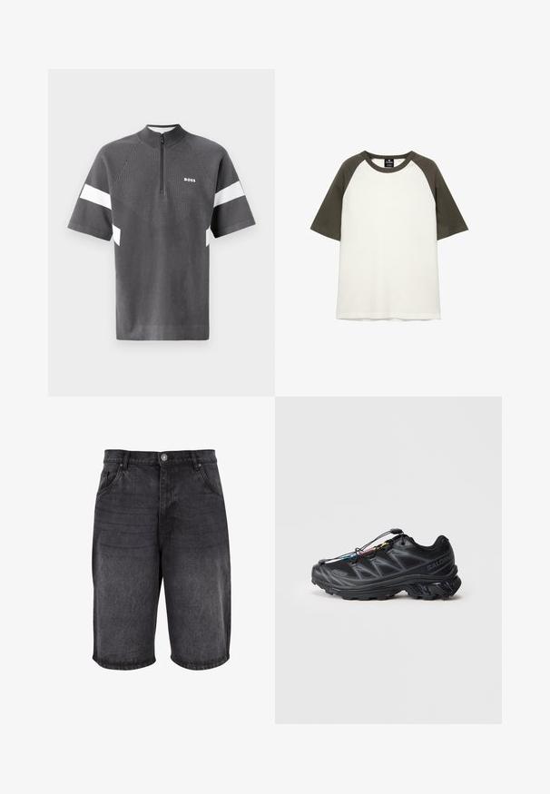 Maglietta sportiva grigia a maniche corte, colletto con zip e strisce bianche a contrasto. Presenta un motivo testurizzato sul davanti con il logo "BOSS".; T-shirt a maniche corte in cotone, con un corpo bianco e maniche raglan verde scuro, e collo a giro.; Shorts in denim nero con una vestibilità rilassata, design a cinque tasche e chiusura con bottone. Il tessuto ha una texture liscia con un leggero effetto sbiadito.; Scarpa sportiva nera con tomaia in mesh testurizzato, punta rinforzata e sistema di allacciatura rapida. Presenta una suola robusta e una leggera elevazione del tacco.